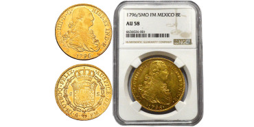 Cy13670.- Carlos IV - 8 Escudos 1796 sobre 5 MEXICO.F.M -NGC AU58  B.O