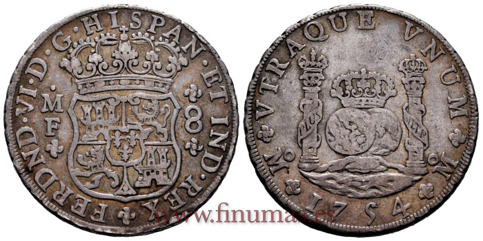 Cy09865.- FERNANDO VI - 8 Reales Columnario 1754 Mexico M.F. - MBC+