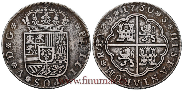 Cy08713.- FELIPE V - 8 Reales  1730 Sevilla.  Sin Ensayador Ni Valor- MBC/ Altered Surface