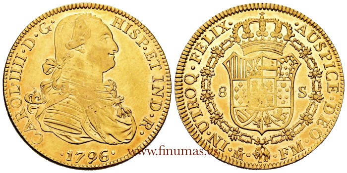 Cy13670.- Carlos IV - 8 Escudos 1796 sobre 5 MEXICO.F.M -NGC AU58  B.O