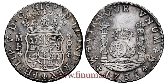 Cy08767.- FELIPE V - 8 Reales Columnario 1736 Mexico M.F.