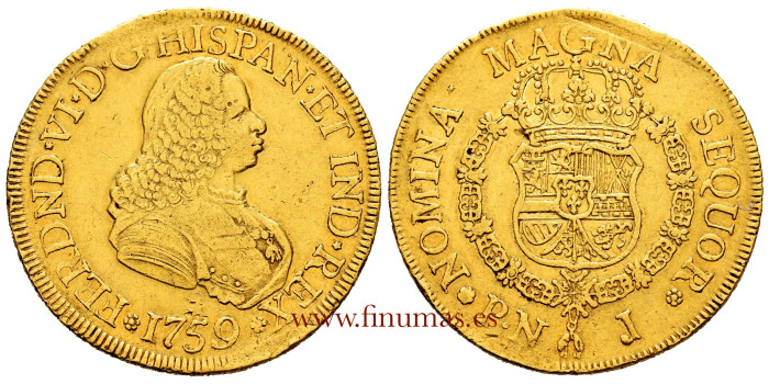 Cy10178.- FERNANDO VI  8 Escudos 1759 Popayan J - Oro