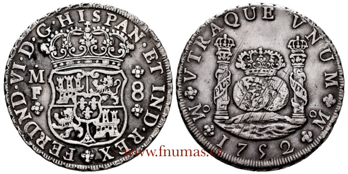 Cy09848.- FERNANDO VI - 8 Reales Columnario 1752 Mexico M.F. - MBC+