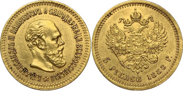 RUSIA - K-042 - 5 RUBLOS ALEJANDRO III 1888r - EBC. ORO