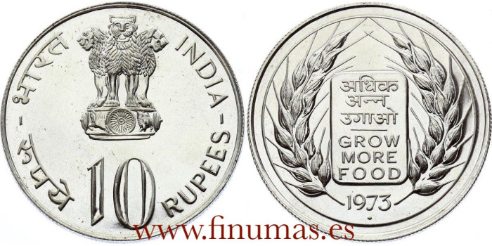 INDIA - K-188.- 10 Rupee 1973 FAO. SC - SILVER
