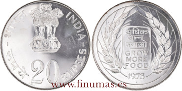 INDIA - K-240.- 20 Rupia 1973  FAO. SC - PLATA