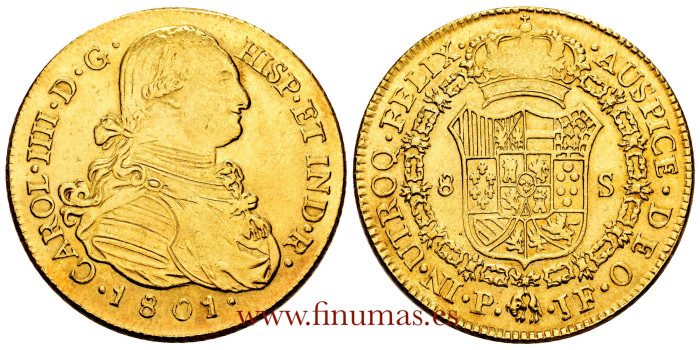Cy13715.- CARLOS IV 8 Escudos 1801 Popayán J.F. - EBC.  Gold.