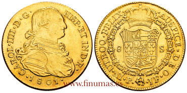 Cy13715.- CARLOS IV 8 Escudos 1801 Popayán J.F. - EBC.  Gold.