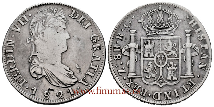 Cy15175.- Fernando VII 8 Reales 1821 Zacatecas R.G. MBC-