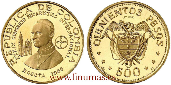 COLOMBIA - K-254 - 500 Pesos 1968 PABLO VI. Proof - ORO