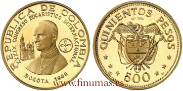 COLOMBIA - K-254 - 500 Pesos 1968 PABLO VI. Proof - GOLD