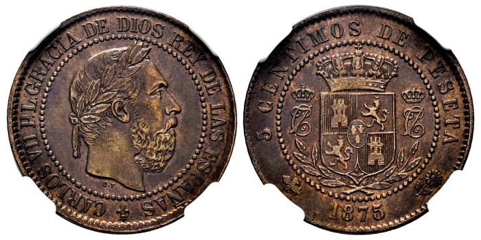 Cy16539H.- CARLOS VII 5 Centimos 1875 Belgica. Oñate. NGC- AU58
