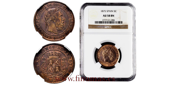 Cy16539H.- CARLOS VII 5 Centimos 1875 Belgica. Oñate. NGC- AU58