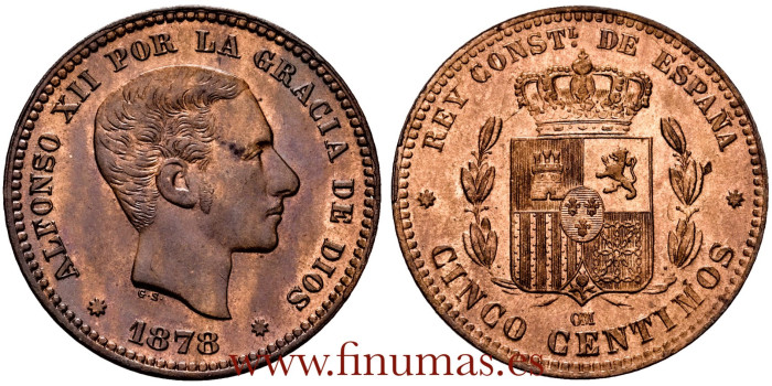 Cy16556k.- ALFONSO XII 5 Centimos 1878 Barcelona O.M - SC+
