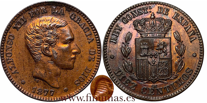 Cy16559J.-ALFONSO XII - 10 Centimos 1877 Variant Lined Ear. SC-