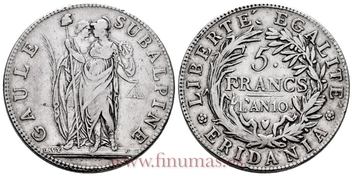 ITALIA - ESTADOS -K-004 - 5 Francos L ´ANO 10 (1802) Piedmont, MBC