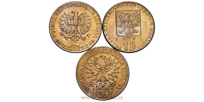 POLONIA K-185/187/163 - 10 Zlotych 1971 F.A.O. lote · piezas