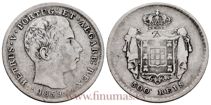 PORTUGAL - KM-498 - 500 Reis 1859 Petrus v - BC+