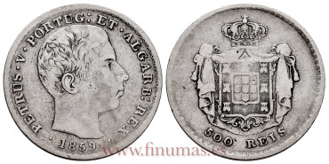 PORTUGAL - KM-498 - 500 Reis 1859 Petrus v - BC+