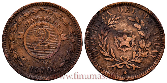 PARAGUAI - K-003 - 2 Centimos 1870 - BC, golpes canto