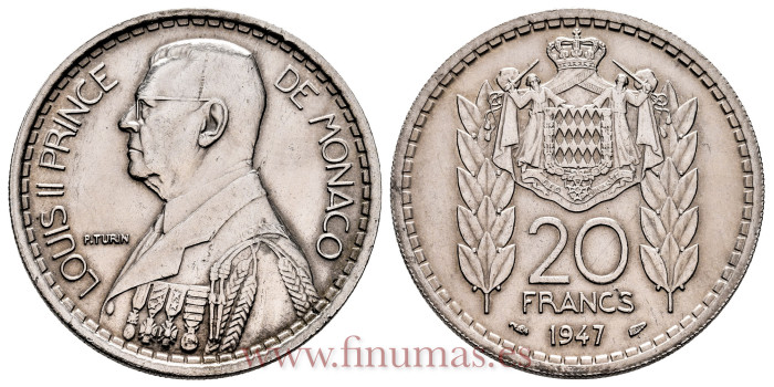 MONACO - K-124 - 20 FRANCOS 1947 - MBC+