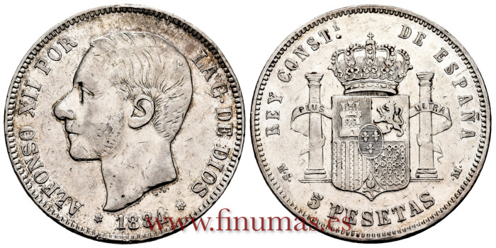 Cy16591 G- ALFONSO XII 5 Pesetas- 1884 (18-84) MSM - MBC+