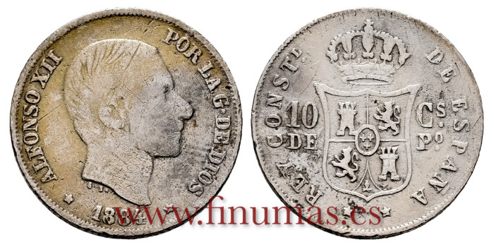 Cy16621.- ALFONSO XII 10 Centimos de peso Manila 1878 - RC. RARA