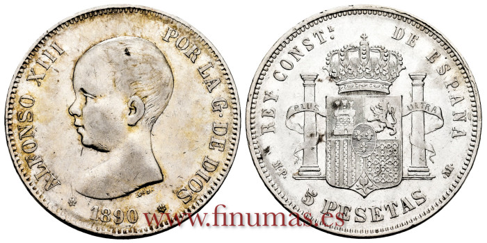 Cy16967E.- ALFONSO XIII 5 Pesetas 1890 (18-90) MPM- MBC