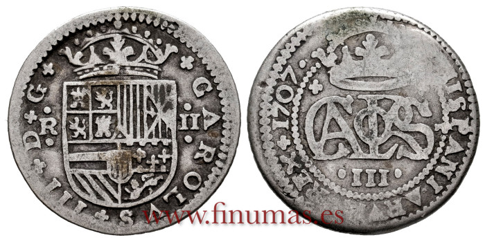 Cy07445.- CARLOS III - Pretendiente 2 Reales 1707 Barcelona, BC-