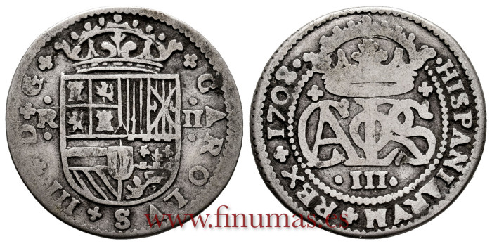 Cy07446.- CARLOS III - Pretendiente 2 Reales 1708/7 Barcelona, BC-