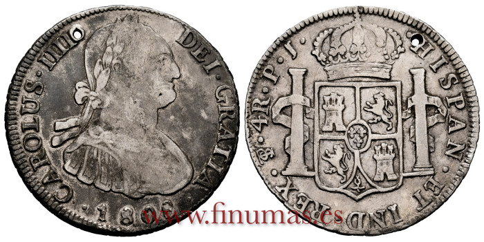 Cy13002.-CARLOS IV - 4 Reales 1808 Potosi PJ - BC+, perforada