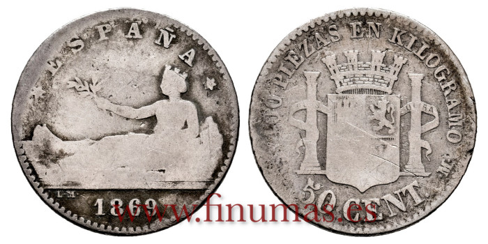 Cy16506.- G.P Y I REPUBLICA - 50 Centimos 1869(--) - RC