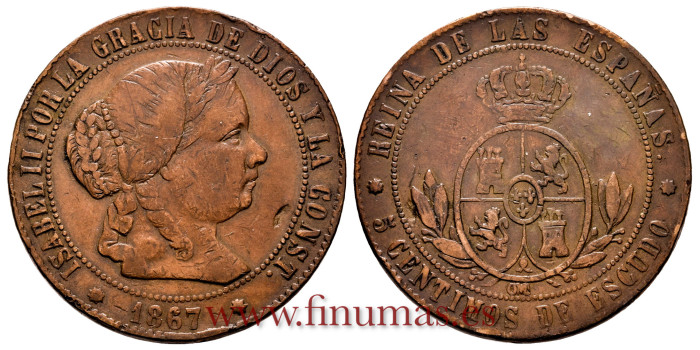 Cy15878.-ISABEL II - 5 Centimo de Escudo 1867 BarcelonaOM - BC