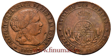 Cy15878.-ISABEL II - 5 Centimo de Escudo 1867 BarcelonaOM - BC