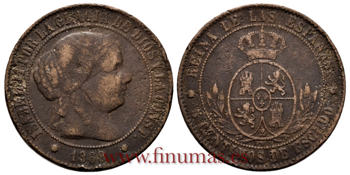 Cy15884.-ISABEL II - 5 Centimo de Escudo 1868 Segovia - MBC
