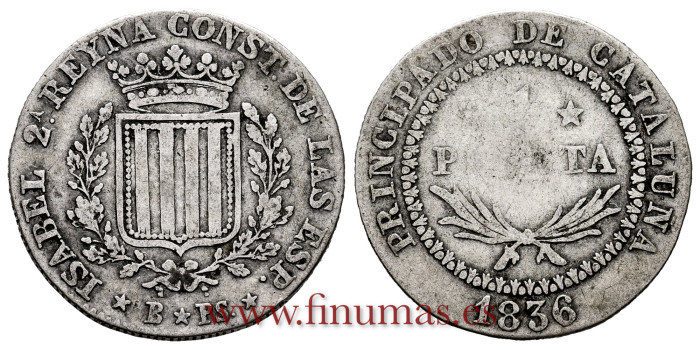 Cy16073.-ISABEL II - 1 Peseta 1836 Barcelona B*PS- Canto Estriado. BC