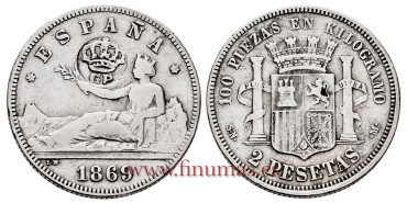 Cy16497D.-  G.P  Y I REPUBLICA - 2 Pesetas 1869 falso resello GP.-  MBC-
