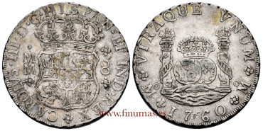 Cy11120.- Carlos III - 8 Reales Columnario 1760 MEXICO M.M.  EBC-.