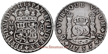 Cy09876.- FERNANDO VI 8 R. Columnario 1755 Mexico M.M- MBC.