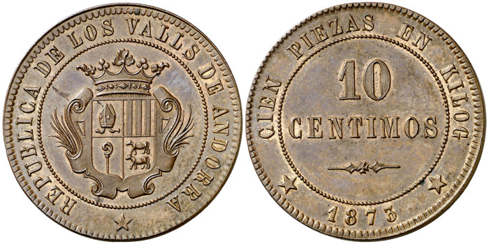 Cy16497b.- G.P Y I REPUBLICA - 10 Centimos 1873 Andorra - S.C
