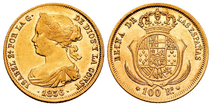 Cy16456.- ISABEL II 100 REALES 1857 BARCELONA. M.B.C - GOLD