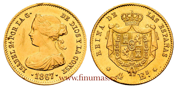 Cy16376.- ISABEL II 4 ESCUDOS 1867 MADRID. MBC - ORO