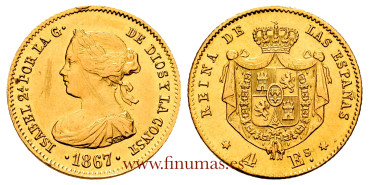 Cy16376.- ISABEL II 4 SHIELDS 1867 MADRID. MBC - GOLD