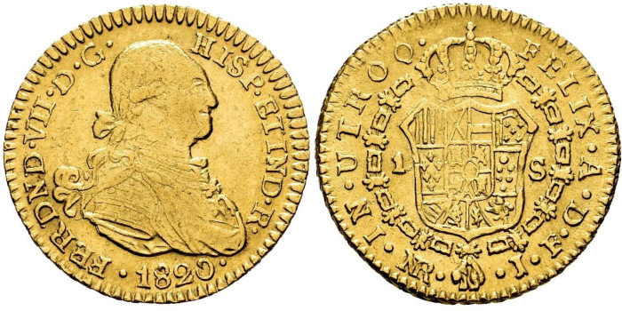 Cy15309.- FERNANDO VII 1 ESCUDO 1820 NUEVO REINO J.F.