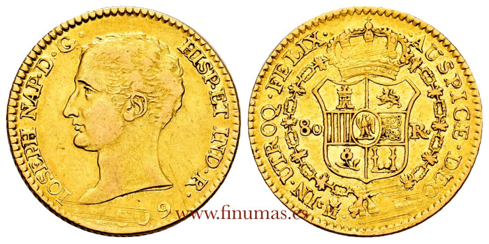 Cy13877.- JOSE NAPOLEON 80 Reales 1809 Madrid A.I. MBC+ -ORO