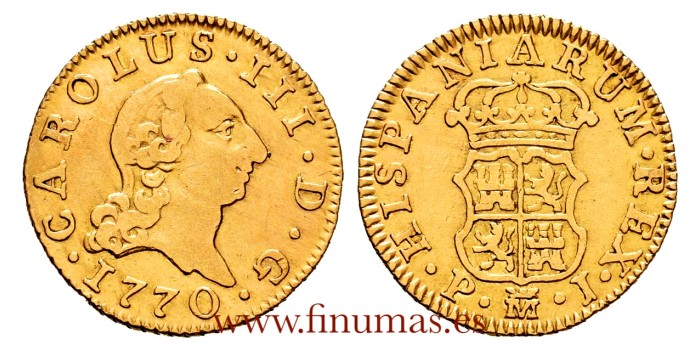 Cy11374.- CARLOS III 1/2 ESCUDO 1770 MADRID P.J. TIPO CARA RATA. MBC - ORO