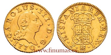 Cy11374.- CARLOS III 1/2 ESCUDO 1770 MADRID P.J. TIPO CARA RATA. MBC - ORO