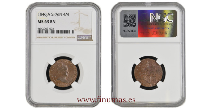Cy15742.- ISABEL II -  4 Maravedis 1846 Jubia - NGC MS63 BN