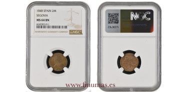Cy15679.- ISABEL II - 2 Maravedis  1848 Segovia - NGC MS64 BN