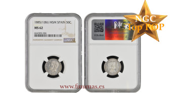 ALFONSO XII - 50 Ctm 1885 (86) over 81. MADRID MSM.  NGC MS62